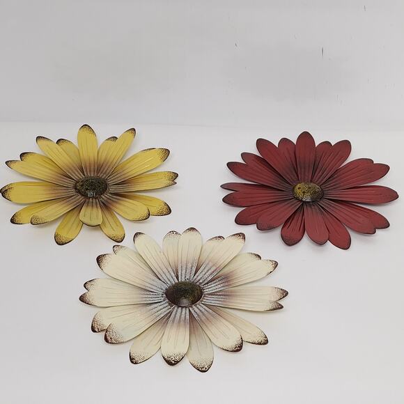 Set of 3 Metal Flower Wall Art - Whimsical Spring Decor in Cream, Red and Yellow - Picture 2 of 10